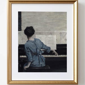 Vintage Woman at Piano Painting: Antique Portrait Art (Digital Download, JPGs 300 DPI)