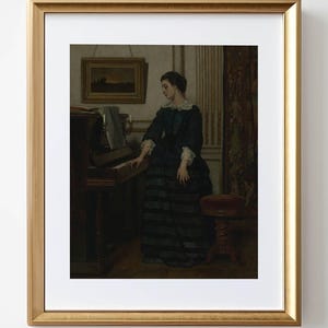 Vintage Woman at Piano: Portrait Oil Painting Art Print (Digital Download