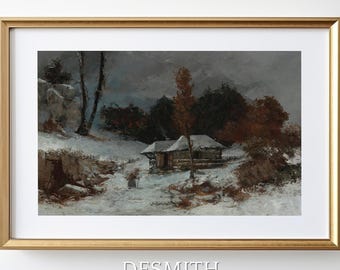 Winter Village Print: Rustic Snow Scene with Figure (Digital Download)