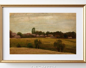 Autumn Village Landscape Print: Vintage Farmhouse Wall Art (Digital Download)