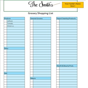 Custom Name Family Grocery List - Excel Fillable