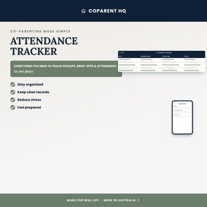 Könnte beinhalten: Eine digitale Anwesenheitsverfolgung mit dem Titel COPARENT HQ. Sie enthält eine Tabelle zur Erfassung von Abhol- und Bringzeiten, eine mobile Schnelleingabeoberfläche sowie eine Liste mit Vorteilen wie Organisation und Protokollführung.