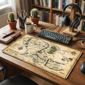 May include: A rectangular desk mat featuring a detailed, vintage-style map of Middle-earth with parchment-coloured background, black ink topography, and geographical labels. The map includes a compass rose, a legend, and the title Middle-earth.