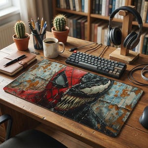 Pode incluir: Um tapete de secretária retangular com um gráfico dividido dos rostos do Spider-Man e do Venom. O design apresenta um esquema de cores vermelho e preto com uma textura desgastada e envelhecida. As personagens exibem dentes afiados.