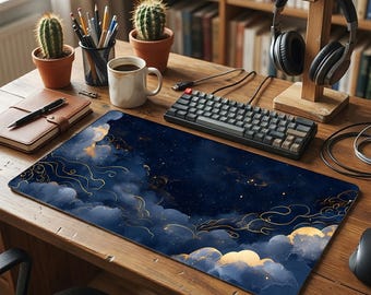 Gold Celestial Clouds Desk Mat, Dark Blue Nebula Mouse Pad, Home Office Decor