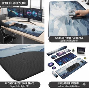 May include: A large rectangular desk mat featuring a blue and white geometric mountain pattern. The mat has a black textured anti-slip base and a water-resistant surface. The text LEVEL UP YOUR SETUP, ACCIDENT-PROOT YOUR SPACE, and UNWAREIING STABLITY appear.