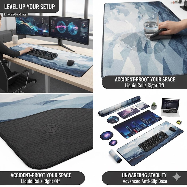 May include: A large rectangular desk mat featuring a blue and white geometric mountain pattern. The mat has a black textured anti-slip base and a water-resistant surface. The text LEVEL UP YOUR SETUP, ACCIDENT-PROOT YOUR SPACE, and UNWAREIING STABLITY appear.