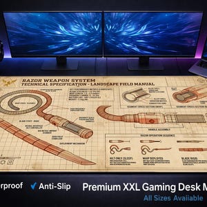 May include: A rectangular desk mat featuring a tan grid background with technical schematics of a Razor Weapon System. The print includes diagrams of a whip and blade, cross-sections, and operation sequences with text labels in black ink.