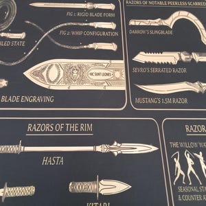May include: A black poster with cream-colored technical illustrations of various bladed weapons. Labels include Darrow's Slingblade, Sevro's Serrated Razor, Mustang's 1.5M Razor, Hasta, and Kitari, alongside diagrams of blade forms and combat stances.