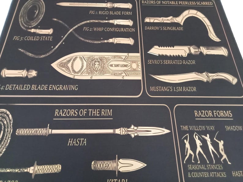 May include: A black poster with cream-colored technical illustrations of various bladed weapons. Labels include Darrow's Slingblade, Sevro's Serrated Razor, Mustang's 1.5M Razor, Hasta, and Kitari, alongside diagrams of blade forms and combat stances.