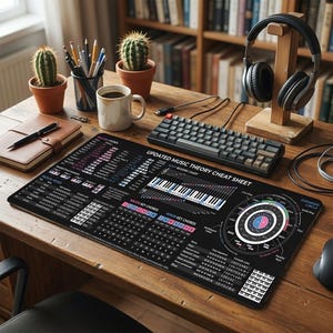 Op de afbeelding: Een zwarte bureaumat met een gedrukte spiekbrief voor muziektheorie met witte tekst, diagrammen van pianotoetsen, akkoordenschema's en een kwintencirkel. De mat toont de titel Updated Music Theory Cheat Sheet en diverse toonladders.
