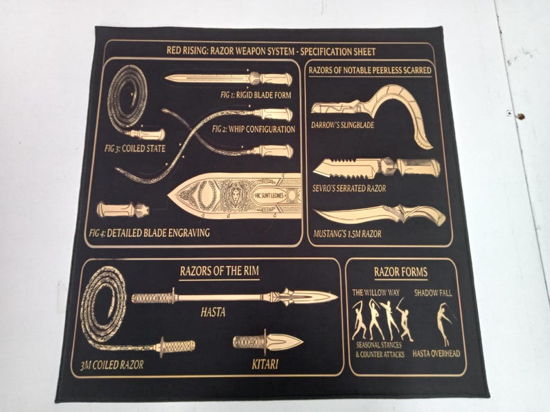May include: A black rectangular poster titled Red Rising: Razor Weapon System - Specification Sheet. It features gold-colored technical illustrations of various bladed weapons, including a whip, a serrated razor, and a spear, with labels and diagrams.