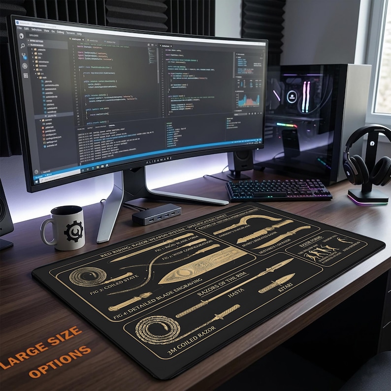 May include: A black desk mat featuring gold-colored technical illustrations of fictional weapons from the Red Rising series, including coiled razors, blades, and labeled diagrams, positioned on a wooden desk with a computer monitor and keyboard.