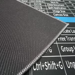 May include: A black rectangular desk mat with a textured rubber underside and a stitched edge. The top surface features a white grid of keyboard shortcuts for software, including commands like Ctrl+W, Image Size, and Group Layers.