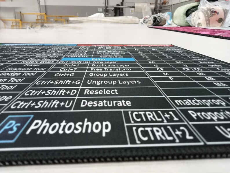 May include: A black rectangular desk mat featuring a white grid layout of Adobe Photoshop keyboard shortcuts. The surface displays various commands like New Layer, Free Transform, and Group Layers, with the blue Photoshop logo in the corner.