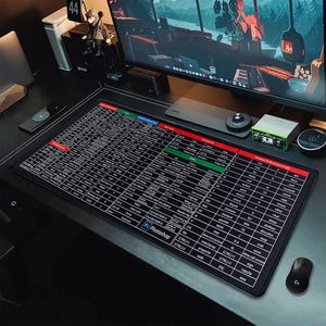 Puede incluir: Alfombrilla de ratón rectangular negra con texto blanco y un diseño de cuadrícula, con atajos de Photoshop. La alfombrilla tiene secciones de color rojo, verde y azul. Un ratón inalámbrico negro está a la derecha.