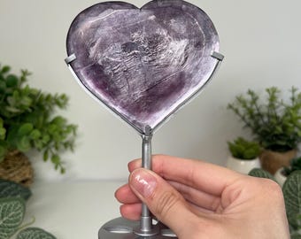 Flashy purple mica heart carving on custom made stand (you will receive this exact crystal listed) aka gem lepidolite