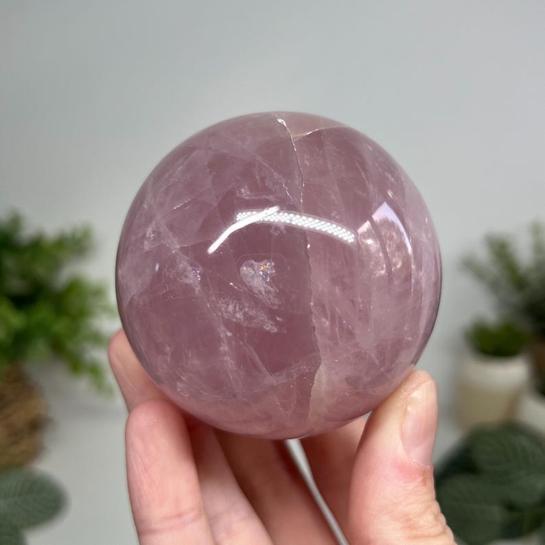 May include: A polished, spherical rose quartz crystal ball. The sphere is a soft pink color with internal veining and a glossy surface. The crystal is held in a hand, with a blurred background of greenery.