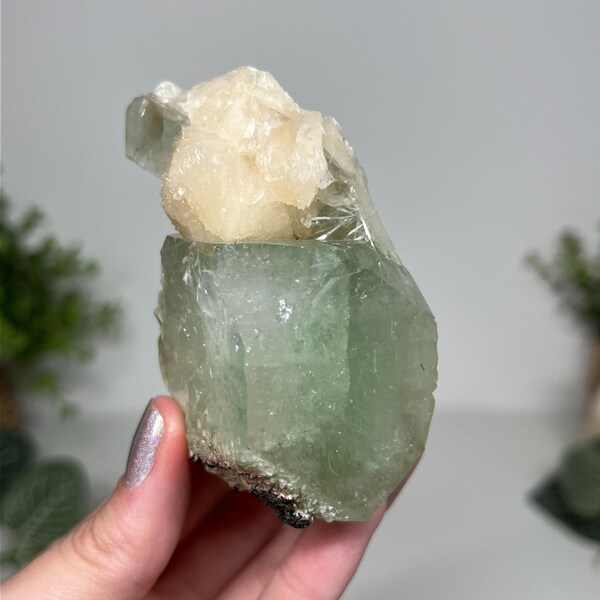 Large cubic vibrant green apophyllite cube and peach stilbite specimen from India (you will receive this exact crystal listed)