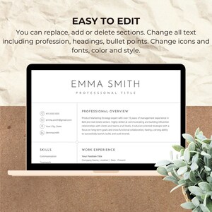 K&ouml;nnte beinhalten: Ein Laptop-Bildschirm zeigt eine minimalistische Lebenslaufvorlage mit wei&szlig;em Hintergrund und schwarzem Text. Der Lebenslauf ist f&uuml;r Emma Smith, die &uuml;ber 15 Jahre Erfahrung als Expertin f&uuml;r Produktmarketingstrategie verf&uuml;gt. Der Lebenslauf enth&auml;lt Abschnitte f&uuml;r die berufliche &Uuml;bersicht, F&auml;higkeiten und Berufserfahrung.