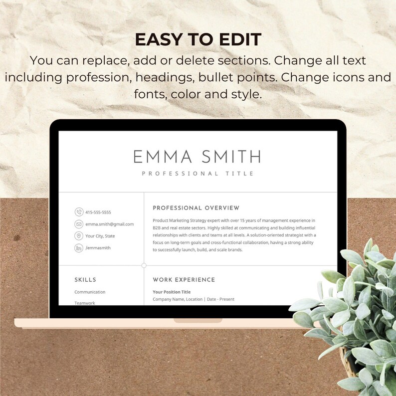 K&ouml;nnte beinhalten: Ein Laptop-Bildschirm zeigt eine minimalistische Lebenslaufvorlage mit wei&szlig;em Hintergrund und schwarzem Text. Der Lebenslauf ist f&uuml;r Emma Smith, die &uuml;ber 15 Jahre Erfahrung als Expertin f&uuml;r Produktmarketingstrategie verf&uuml;gt. Der Lebenslauf enth&auml;lt Abschnitte f&uuml;r die berufliche &Uuml;bersicht, F&auml;higkeiten und Berufserfahrung.