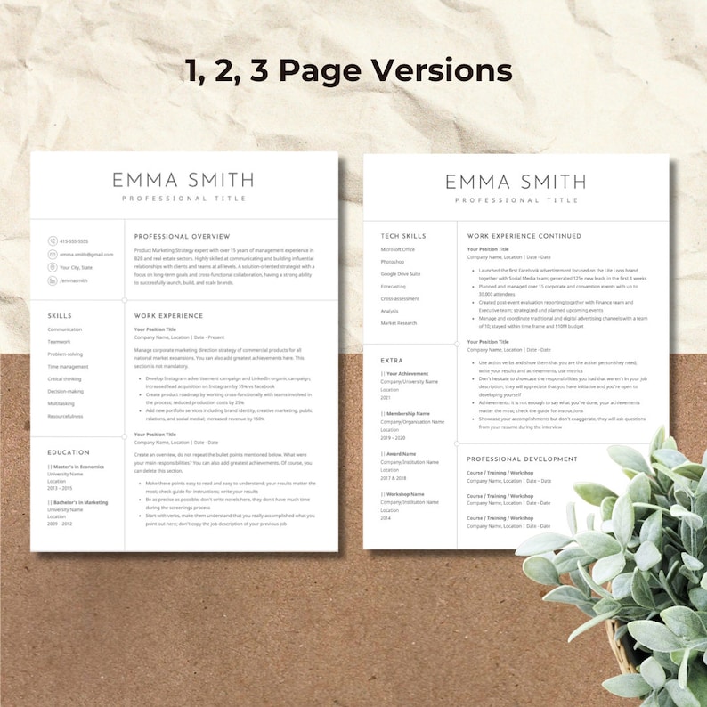 K&ouml;nnte beinhalten: Ein zweiseitiger Lebenslauf-Template mit beigefarbenem Hintergrund und minimalistischem Design. Der Lebenslauf ist f&uuml;r Emma Smith, die sich f&uuml;r eine Berufsbezeichnung bewirbt. Der Lebenslauf enth&auml;lt Abschnitte f&uuml;r die berufliche &Uuml;bersicht, F&auml;higkeiten, Berufserfahrung, Ausbildung, technische F&auml;higkeiten, Extras und berufliche Entwicklung.