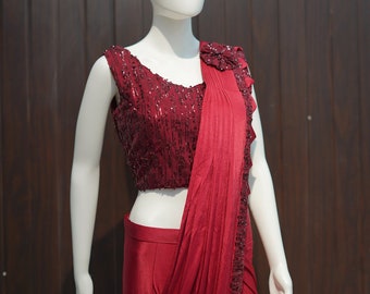 Indian Red Ready To Wear Party Wedding Wear One Minute Saree Bollywood Cocktail Style Pre Stitched Drape Sari for Modern Women and Girls