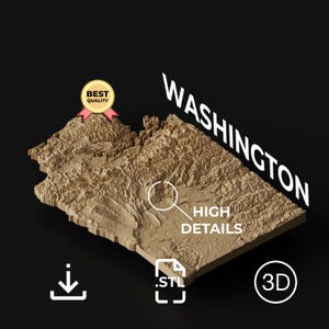 May include: A 3D topographic map of Washington state in a tan color, with the word "WASHINGTON" in white. The map has a "BEST QUALITY" badge and the words "HIGH DETAILS". Includes a 3D icon and a download icon.