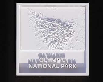 3D Printable Olympic National Park 3D Terrain Map – Minimalist White Framed Wall Art (STL File)