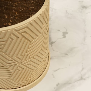 Può includere: Un vaso di fiori beige con un motivo geometrico. Il vaso è pieno di terra marrone.