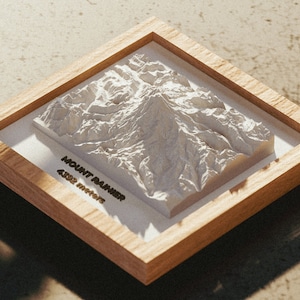 May include: A framed 3D relief map of Mount Rainier, a mountain in Washington State. The relief is white, set against a white background, and framed in light wood. The text "MOUNT RAINIER" and "4392 meters" is visible on the map.