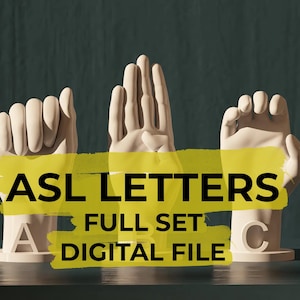 Puede incluir: Tres esculturas en blanco roto de manos que forman las letras A, B y C en lenguaje de signos americano. Las letras están sobre bases individuales. La imagen tiene una pancarta amarilla con el texto "ASL LETTERS FULL SET DIGITAL FILE".