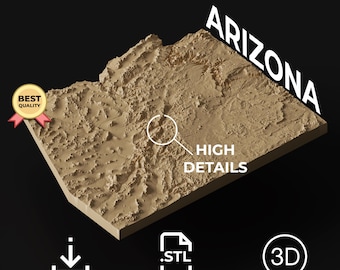 Modello 3D in formato STL della mappa topografica dell'Arizona: rilievo ad alto livello di dettaglio per la stampa 3D.