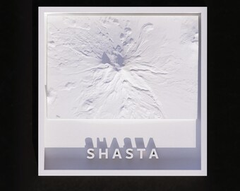 3D Printable Mount Shasta 3D Topographic Map – Minimalist White Framed Wall Art (STL File)