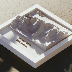May include: A white 3D model of Nanda Devi, a mountain in India, in a white frame. The text "NANDA DEVI" and "7816 METERS" is printed on the frame.