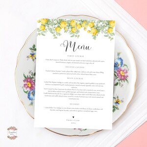 Plantilla de menú de flores amarillas, tarjeta de menú de boda, flor de flores amarillas, flores, menú de bricolaje imprimible, descarga instantánea, editable con Canva