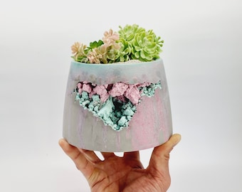 Handgemaakte regenboogbloempot voor kleine planten - Unieke stenen plantenbak in roze/Tiffany kleur, kantoordecor, kunstcadeau voor plantenliefhebbers, originele pot