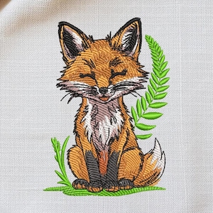 Smiling Fox Embroidery Design, Woodland Animal Stitch Pattern, Cute Forest Fox With Fern Leaves, Machine Embroidery File