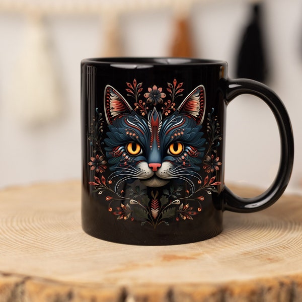 Black Cat Mug, Cat Mug, Unique Cat Design Mug, Cat Cup, Black Coffee Mug, 11oz Mug, Orca Coating, Cat Art, Cat Print On Mug