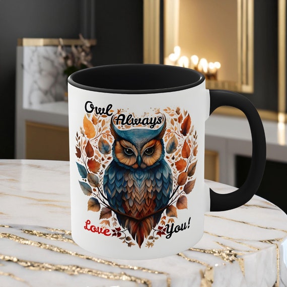 Owl always love you red and black orca coated 11 oz mug, Owl mug, Bird mug, Owl cup, Unique Owl mug, Gift mug, Valentines Owl mug, Heart mug