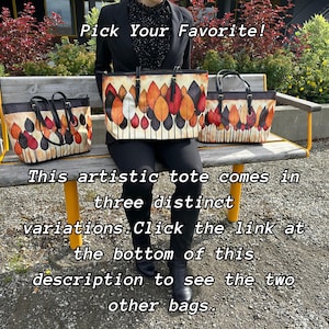 K&ouml;nnte beinhalten: Drei Tragetaschen mit einem bunten Blattmuster werden auf einer Bank gezeigt. Die Taschen haben schwarze Griffe und sind unterschiedlich gro&szlig;. Der Text "Pick Your Favorite!" steht oben. Der Text "This artistic tote comes in three distinct variations" steht unten.