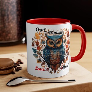 Owl always love you red and black orca coated 11 oz mug, Owl mug, Bird mug, Owl cup, Unique Owl mug, Gift mug, Valentines Owl mug, Heart mug image 4