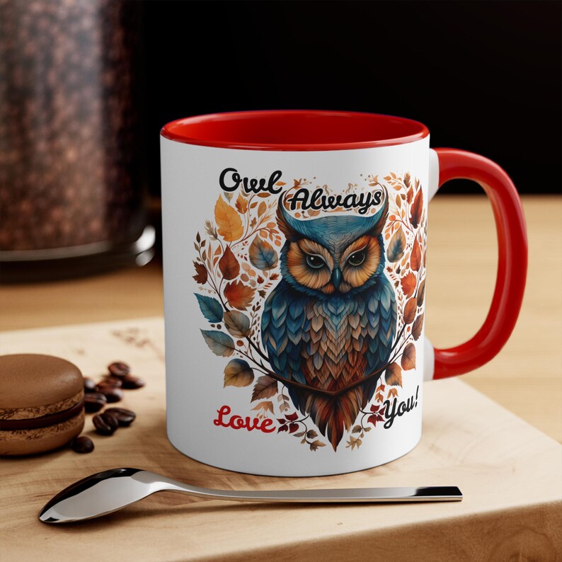 Owl always love you red and black orca coated 11 oz mug, Owl mug, Bird mug, Owl cup, Unique Owl mug, Gift mug, Valentines Owl mug, Heart mug image 4