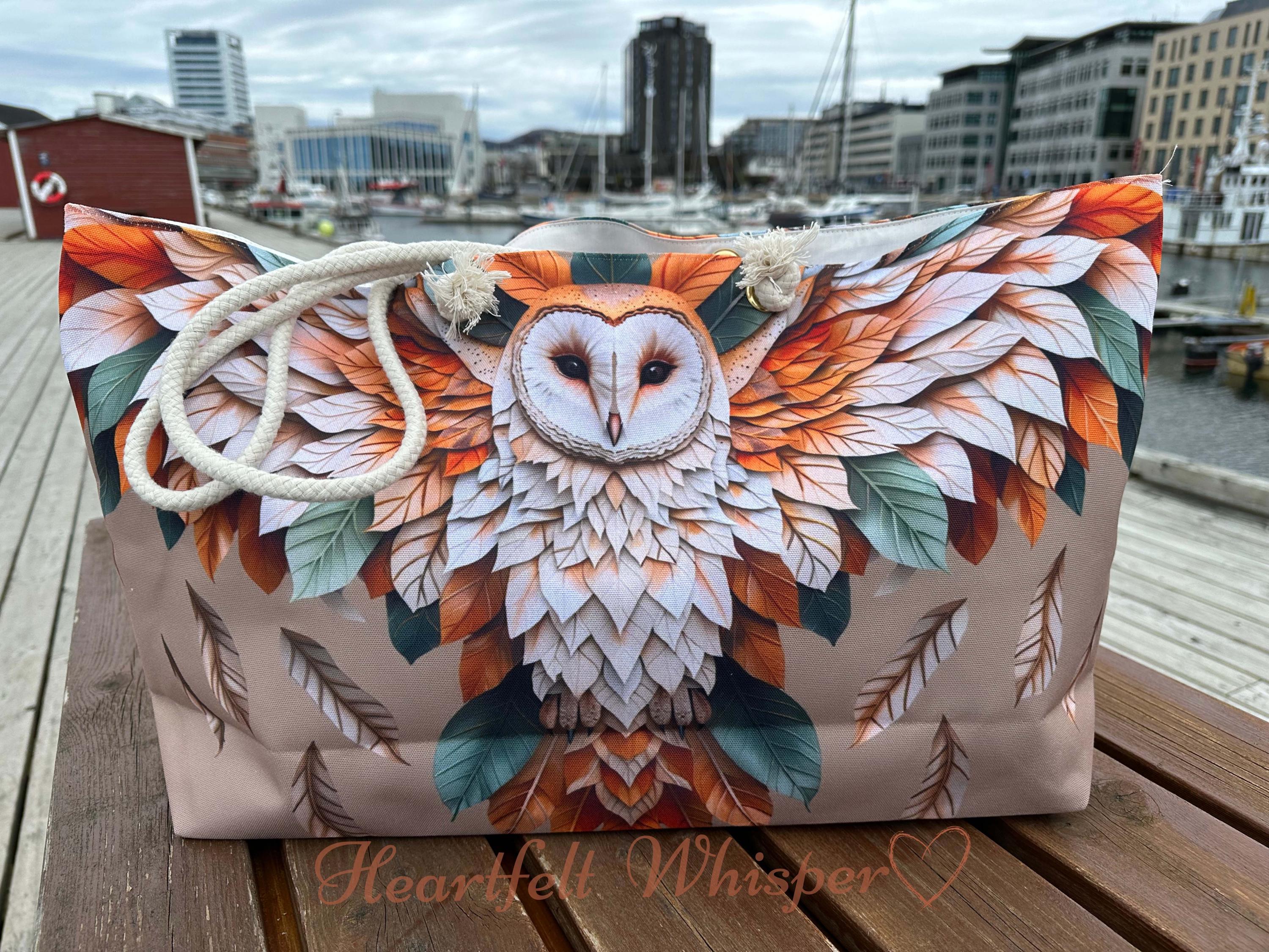 Large Taupe Barn Owl Weekender Tote bag: Stunning Artistic Bird Print With Rich Plumage, Spacious Tr