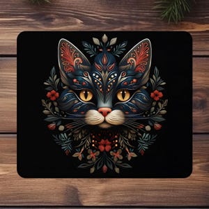 Charming Floral Cat Mouse Pad, Artistic Desk Organizer, Cat Lover Gift, Home Office Decor, Unique Workstation Accessory, Black Cat Mouse Pad