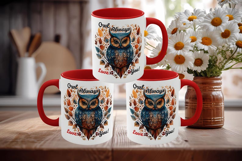 May include: Three white ceramic mugs with red handles and interiors. Each mug features a watercolor owl design with the text "Owl Always Love You!". The mugs are on a wooden surface, with a vase of flowers in the background.