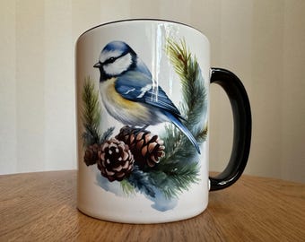Blaumeise Becher, Blaumeise, Blaumeise Kaffeetasse, Vogelbecher, einzigartiges Blaumeise-Design, Blaumeise-Schale, Orca beschichteter Becher, 11 und 15 Unze Becher