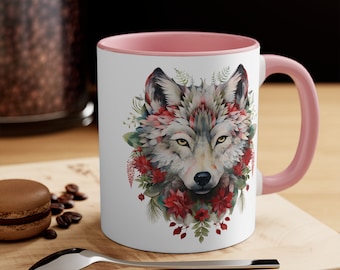 Wolf Mug, White and Pink Wolf Mug, Unique Wolf Design Mug, Wolf Cup, Coffee Mug, 11and 15 oz Mug, Orca Coating, Wolf Art, Wolf Print On Mug