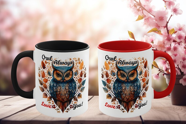 May include: Two white ceramic mugs with owl illustrations. One mug has a black handle and interior, the other has a red handle and interior. Both mugs feature the text "Owl Always Love You!" in a heart-shaped design.