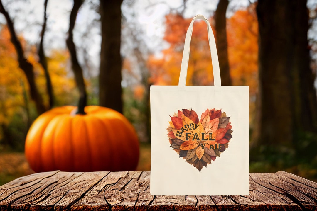 Happy Fall Y'all Cotton Canvas Tote Bag, Leaf Heart Tote Bag, Autumn ...